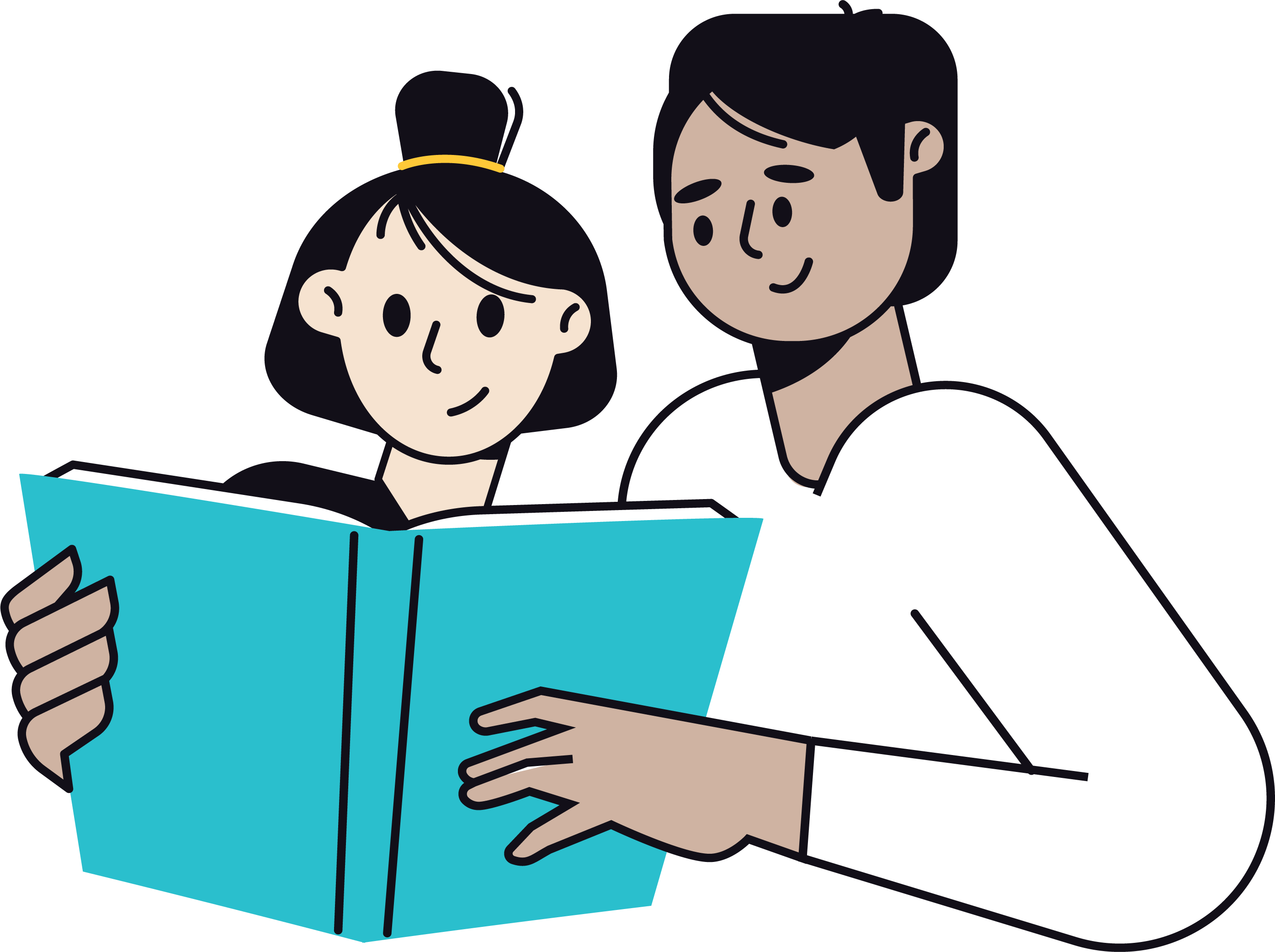 Illustrated man and teen daughter looking at a book